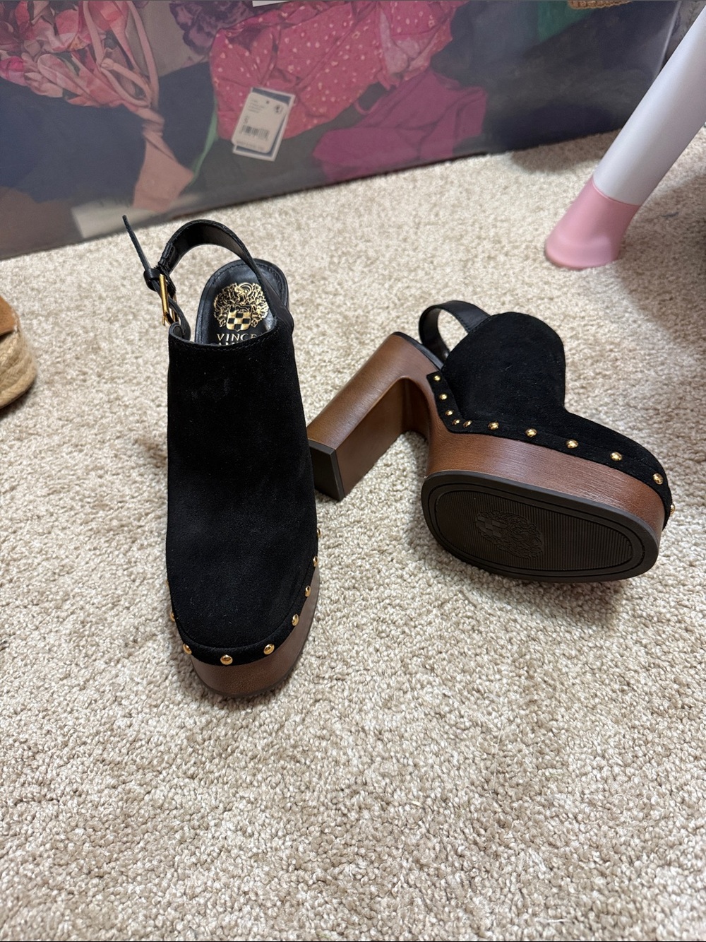 VINCE CAMUTO Black Suede Platform Slingback Heels with Wood-Tone Block Heel